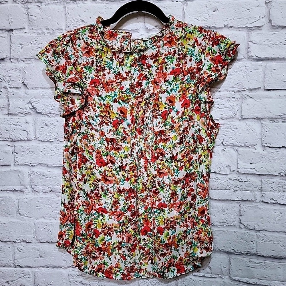 Alex & Lili Floral Pintuck Flutter Sleeve Blouse Multicolor Ruffle‎ Neck Top Med